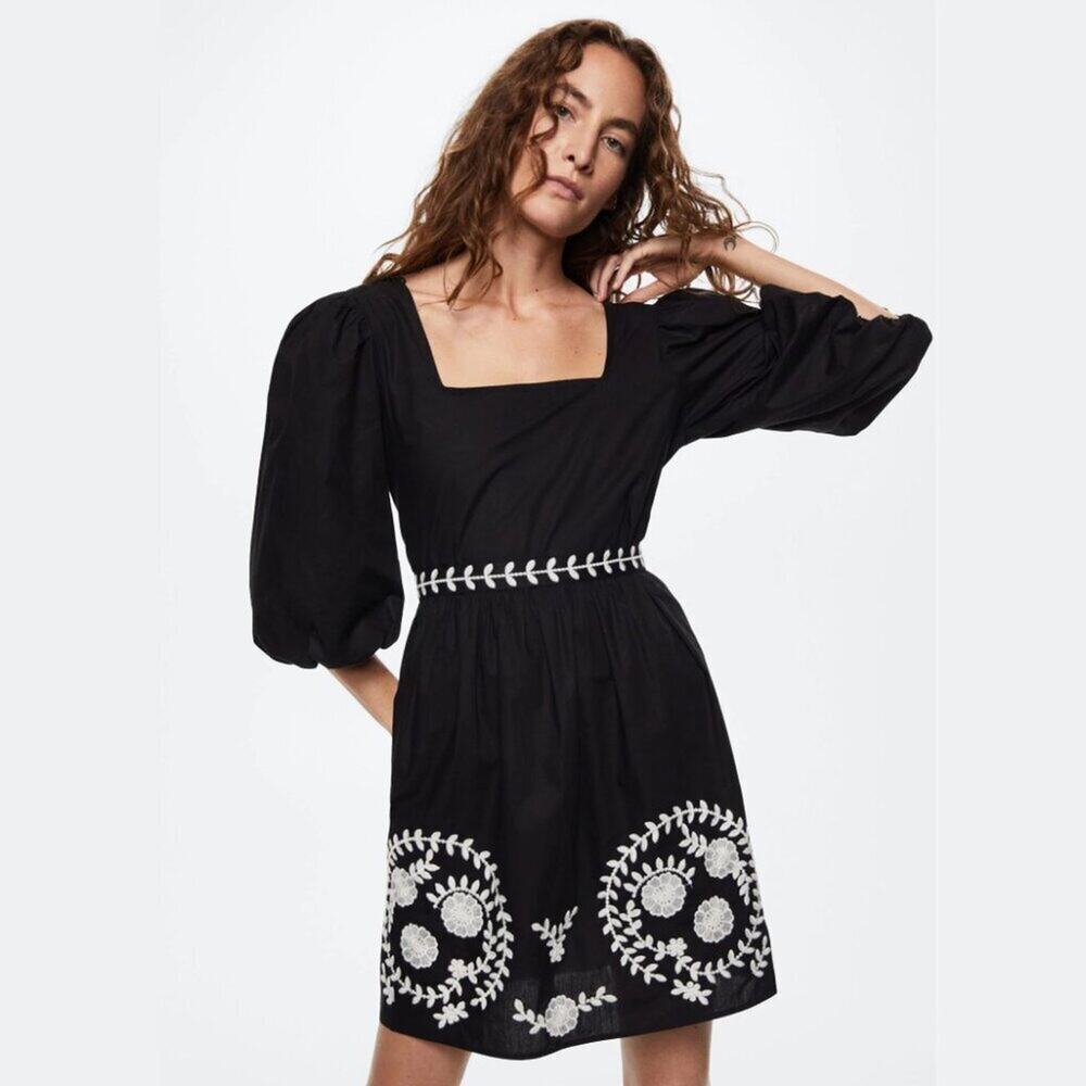 🖤 MANGO Puff Sleeve Mini Dress NWT | Embroidered Cotton Bow Back 6